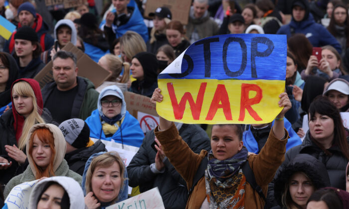Protesters in Berlin attend a demonstration on April 6, 2022, against the Russian military invasion of Ukraine. (Sean Gallup/Getty Images)