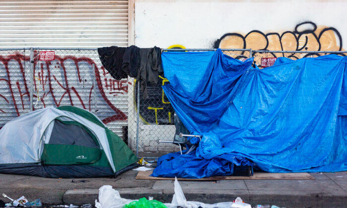 A homeless encampment in downtown Los Angeles on Jan. 20, 2022. (John Fredricks/The Epoch Times)