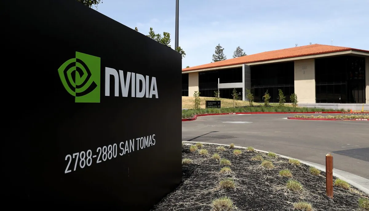 A sign is posted in front of the Nvidia headquarters in Santa Clara, Calif., on May 10, 2018. (Justin Sullivan/Getty Images)