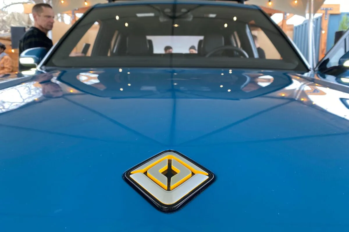 The Rivian logo on the hood of its R1T all-electric truck in Mill Valley, Calif., on Jan. 25, 2020. (Nathan Frandino/Reuters)