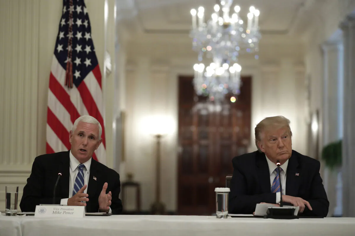 Then President Donald Trump (R) and then Vice President Mike Pence participate in the National Dialogue on Safely Reopening Schools at the White House in Washington on July 7, 2020. (Yuri Gripas/Abaca Press/TNS)