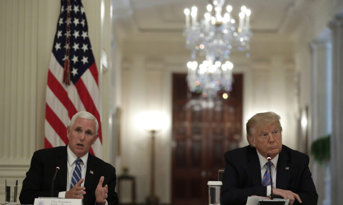 Then President Donald Trump (R) and then Vice President Mike Pence participate in the National Dialogue on Safely Reopening Schools at the White House in Washington on July 7, 2020. (Yuri Gripas/Abaca Press/TNS)