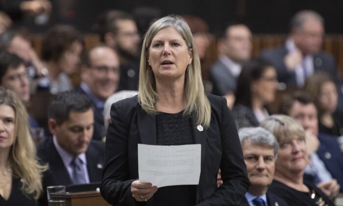 保守党议员 Leona Alleslev 于 2019 年 12 月 9 日在渥太华的下议院提问期间升职。  （加拿大媒体/阿德里安·威尔德）