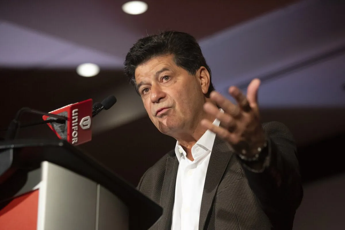Unifor President Jerry Dias takes a question from a journalist after announcing a three-year labour agreement with the Ford Motor Company at a news conference in Toronto on Sept. 22, 2020. (The Canadian Press/Chris Young)
