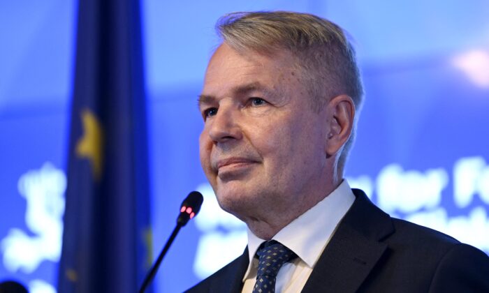 Finnish Foreign Minister Pekka Haavisto addresses a joint press conference with his French counterpart at the House of Estates in Helsinki, Finland, on March 31, 2022. (Emmi Korhonen/Lehtikuva/AFP via Getty Images)