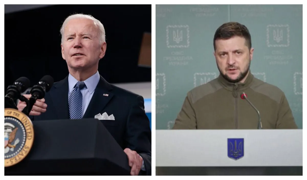 President Joe Biden delivers remarks on March 30, 2022. (Anna Moneymaker/Getty Images) Ukraine's President Volodymyr Zelenskyy speaks during a video address in Kyiv, Ukraine, on March 22, 2022. (Ukrainian Presidential Press Service/Handout via Reuters;
