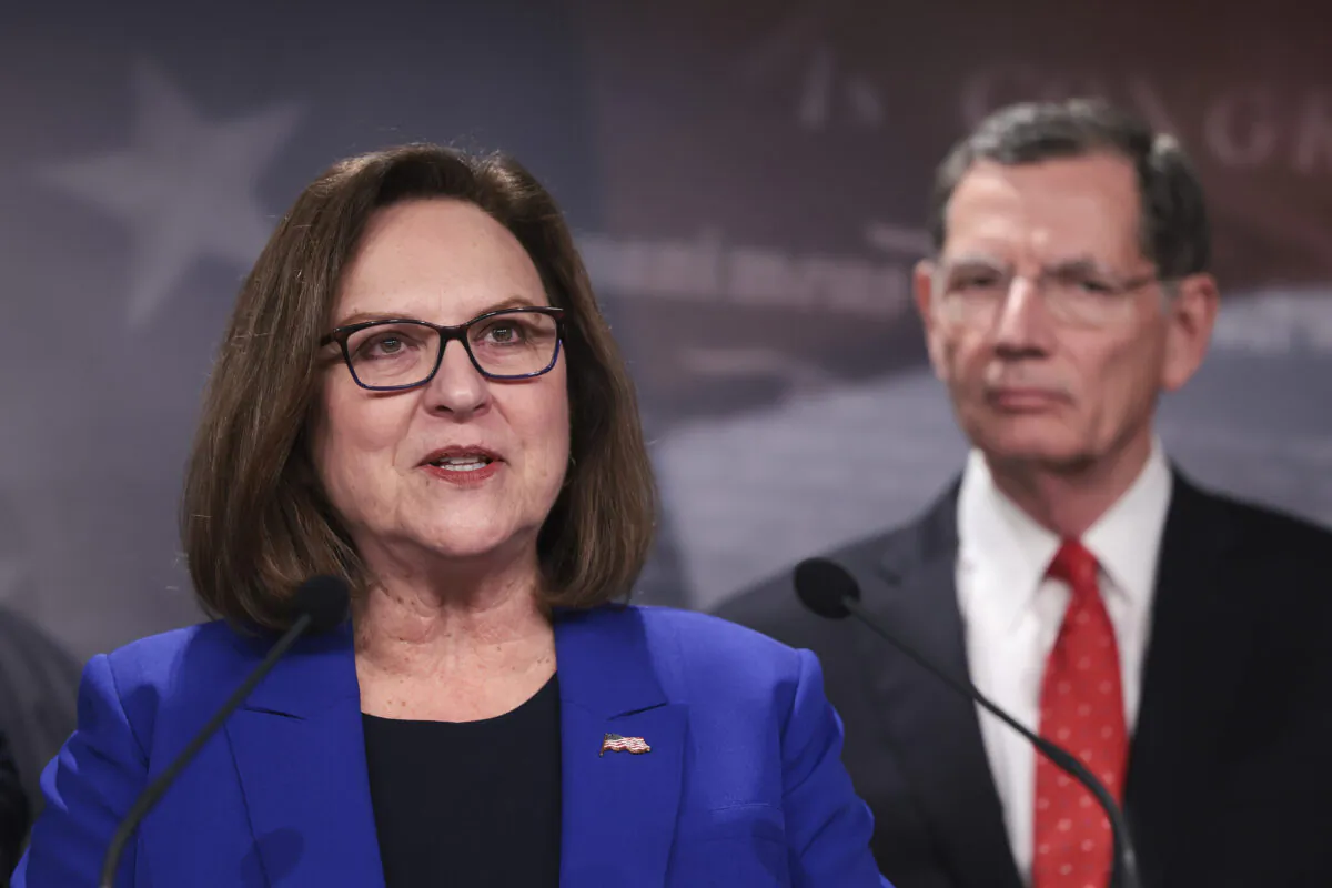 Sen. Deb Fischer (R-Neb.), joined by Sen. John Barrasso (R-Wyo.), speaks on inflation at a press conference at the U.S. Capitol on March 10, 2022. (Kevin Dietsch/Getty Images)