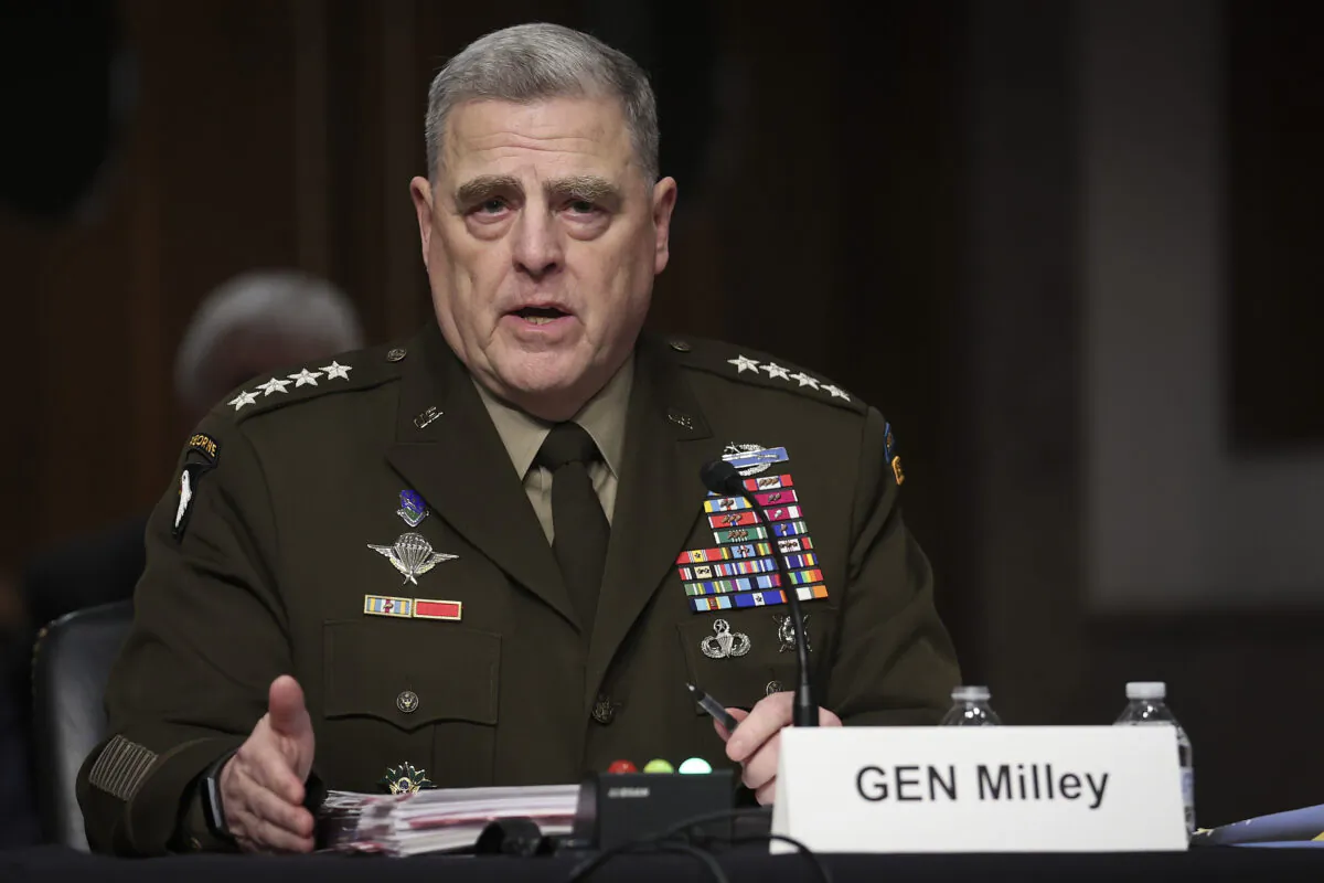 Gen. Mark Milley, chairman of the Joint Chiefs of Staff, testifies before the Senate Armed Services Committee in Washington on April 7, 2022. (Win McNamee/Getty Images)