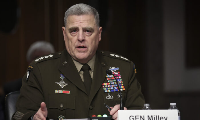 General Mark Milley, Chairman of the Joint Chiefs of Staff, testifies before the Senate Armed Services Committee April 7, 2022 in Washington.(Win McNamee/Getty Images)