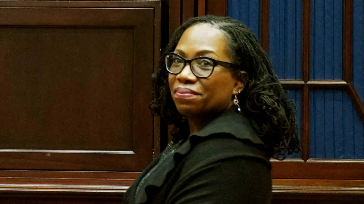 Then-Judge Ketanji Brown Jackson watches the Senate vote on her nomination to be an associate justice on the Supreme Court, from the Roosevelt Room of the White House on April 7, 2022. (Mandel Ngan/AFP via Getty Images)