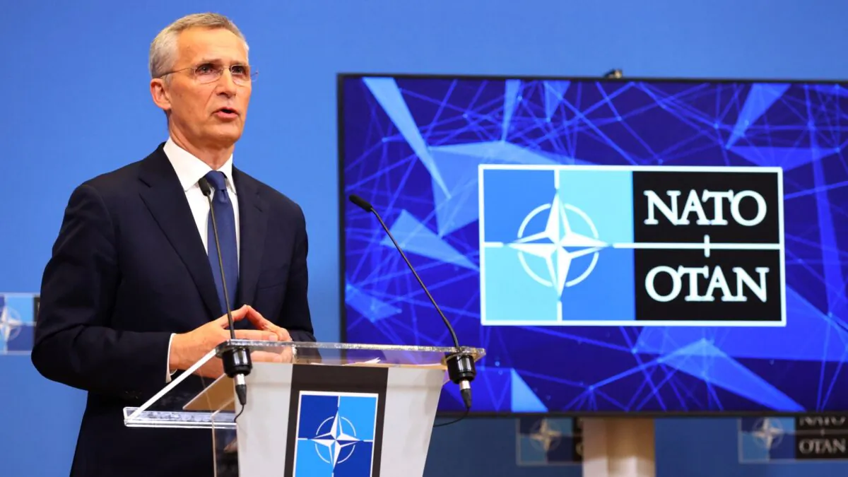 NATO Secretary General Jens Stoltenberg gestures as he addresses media representatives at a press conference following a meeting of NATO foreign ministers at NATO Headquarters in Brussels, Belgium, on April 7, 2022. (François Walschaerts/AFP via Getty Images)