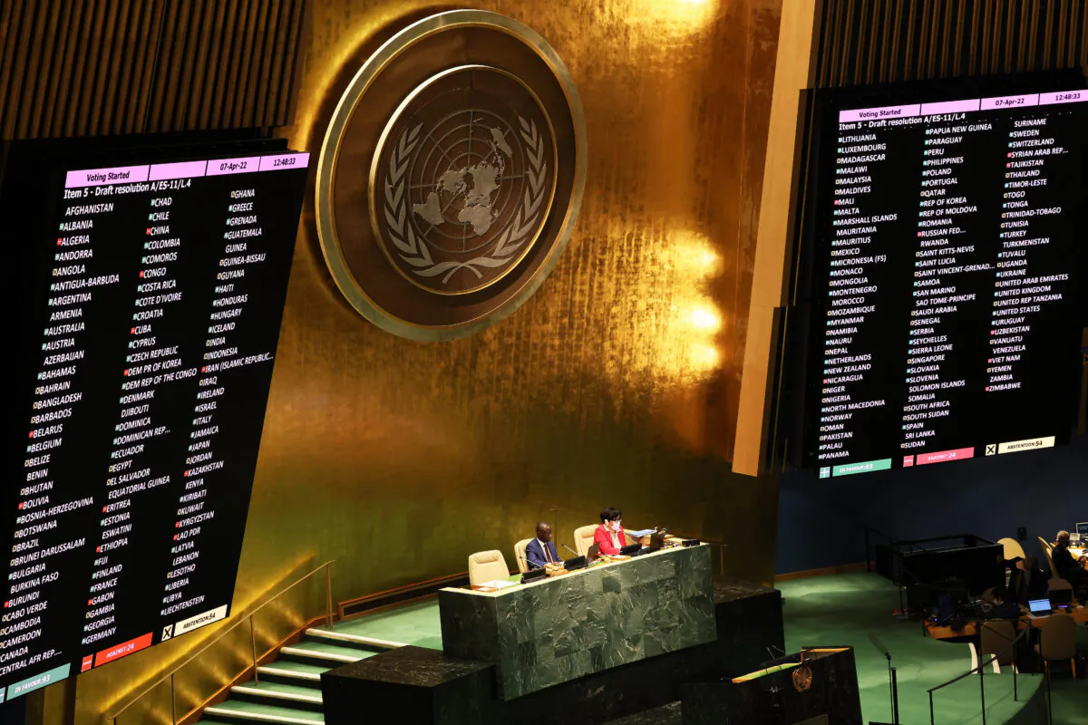 The results of the votes to expel Russia from the U.N. Human Rights Council by members of the United Nations General Assembly are seen on a screen during a continuation of the Eleventh Emergency Special Session on the invasion of Ukraine, in New York on April 7, 2022. (Michael M. Santiago/Getty Images)