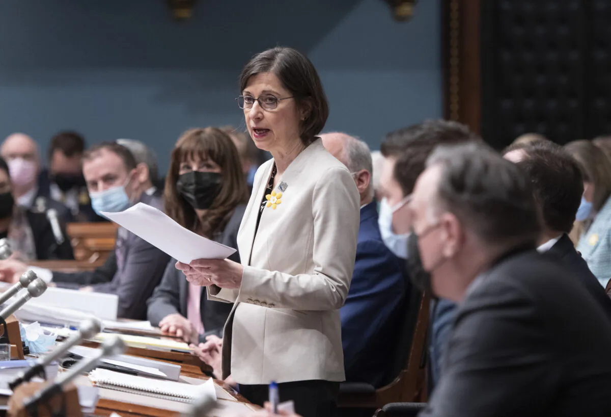Quebec Minister of Higher Education Danielle McCann presents legislation at the legislature in Quebec City on April 6, 2022. (Jacques Boissinot/The Canadian Press)