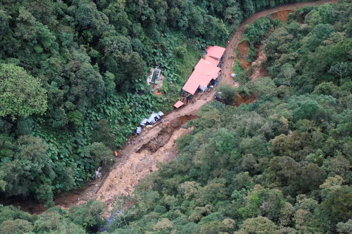 An aerial view of the area affected by a flash flood that flooded a gold mine, in Abriaqui, Colombia, on April 7, 2022. (Courtesy of Goverment of Antioquia/Handout via Reuters)
