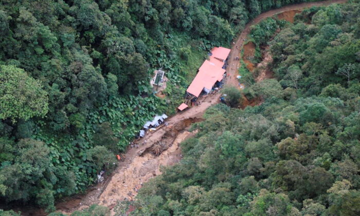 An aerial view of the area affected by a flash flood that flooded a gold mine, in Abriaqui, Colombia, on April 7, 2022. (Courtesy of Goverment of Antioquia/Handout via Reuters)