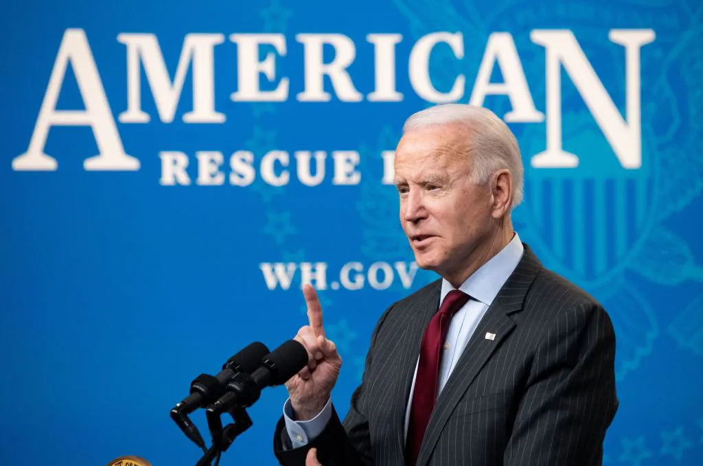 President Joe Biden speaks about the American Rescue Plan Act in response to coronavirus, at the White House in Washington on Feb. 22, 2021. (Saul Loeb/AFP via Getty Images)