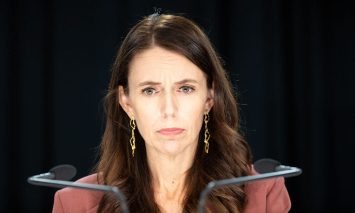 Prime Minister Jacinda Ardern speaks on the Russian invasion of Ukraine from the Beehive in Auckland, New Zealand, on Feb. 25, 2022. (Ross Giblin-Pool/Getty Images)