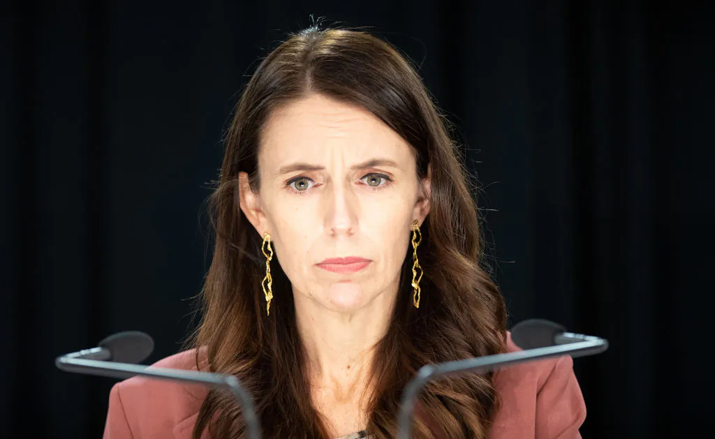Prime Minister Jacinda Ardern speaks on the Russian invasion of Ukraine from the Beehive in Auckland, New Zealand, on Feb. 25, 2022. (Ross Giblin-Pool/Getty Images)