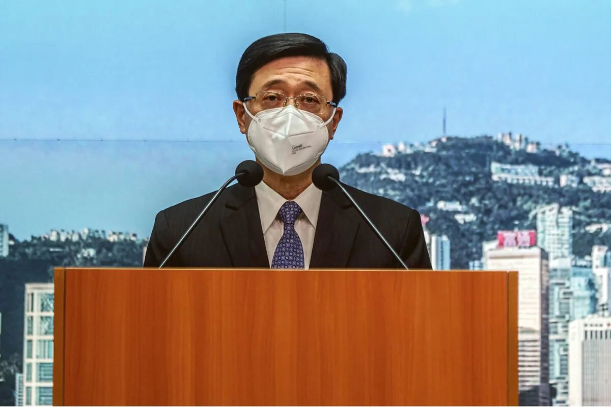 John Lee, Hong Kong's Chief Secretary, speaks during a news conference in Hong Kong, on April 6, 2022. (Lam Yik-Pool/Getty Images)