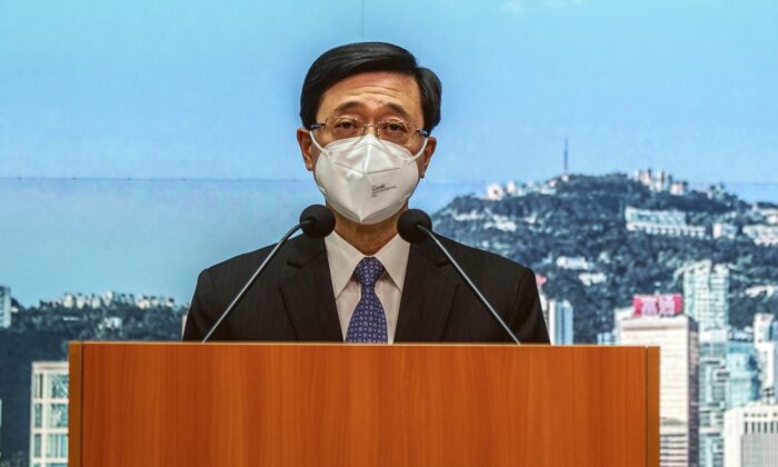 John Lee, Hong Kong's Chief Secretary, speaks during a news conference in Hong Kong, on April 6, 2022. (Lam Yik-Pool/Getty Images)