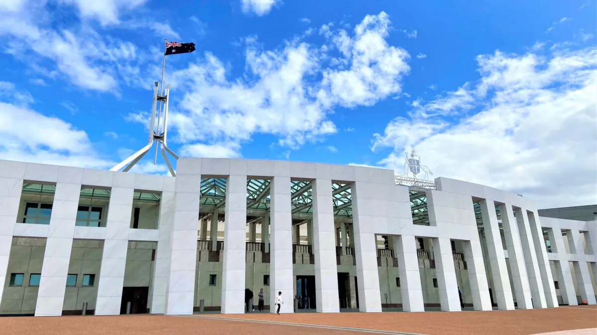 The front entrance of the federal Parliament House in Canberra, Australia on April 1, 2022. (Daniel Teng/The Epoch Times)