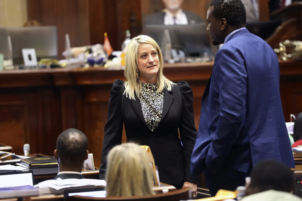 South Carolina Rep. Ashley Trantham (R-Pelzer) talks to other lawmakers during a debate on a bill she sponsored to ban transgender athletes from girls' and women's public school and college sports teams, in Columbia, South Carolina, on April 5. 2022. (Jeffrey Collins/AP Photo)