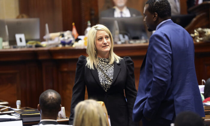 South Carolina state Rep. Ashley Trantham (R-Pelzer) talks to other lawmakers about a bill to ban transgender males from competing in girls' and women's sports on April 5, 2022. (Jeffrey Collins/AP Photo)