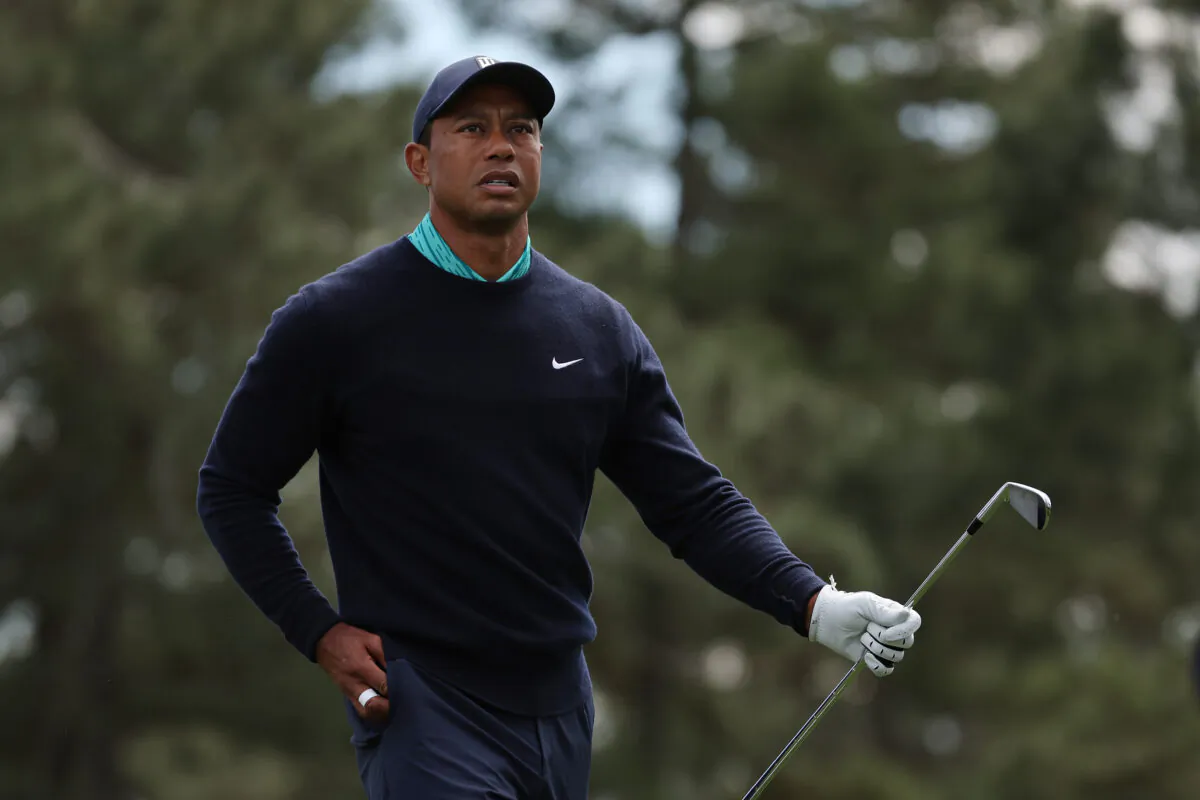 Tiger Woods walks off the third tee during the second round of The Masters at Augusta National Golf Club in Augusta, Ga., on April 8, 2022. (Gregory Shamus/Getty Images)