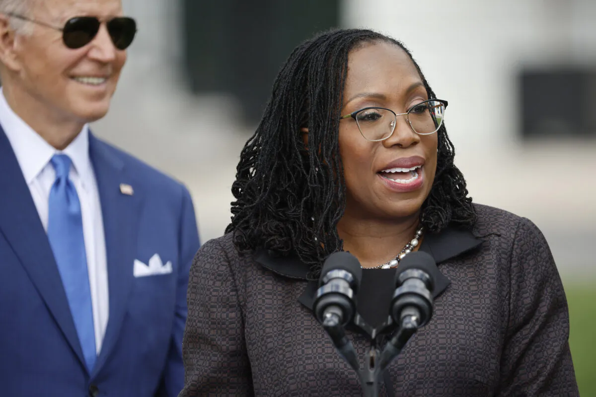 Judge Ketanji Brown Jackson speaks during an event celebrating her confirmation to the U.S. Supreme Court, with President Joe Biden, at the White House in Washington on April 8, 2022. (Chip Somodevilla/Getty Images)