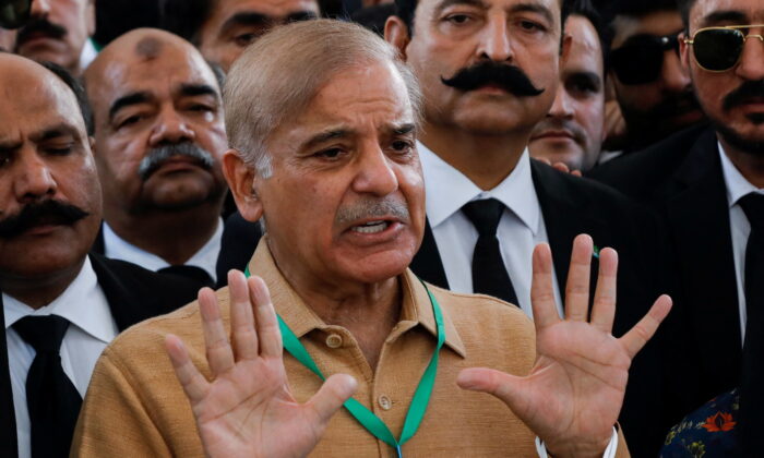 Pakistani Prime Minister Shehbaz Sherif, then-leader of the opposition, gestures as he speaks to the media at the Supreme Court of Pakistan in Islamabad on April 7, 2022. (Akhtar Soomro/Reuters)