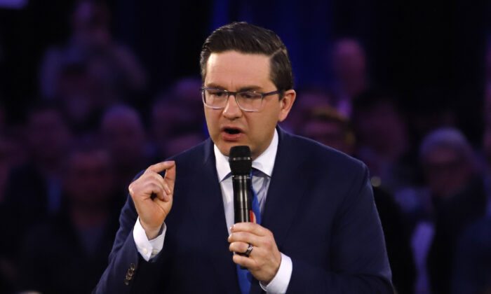 Federal Conservative leadership candidate Pierre Poilievre speaks at a rally in Ottawa on March 31, 2022. (The Canadian Press/Patrick Doyle)