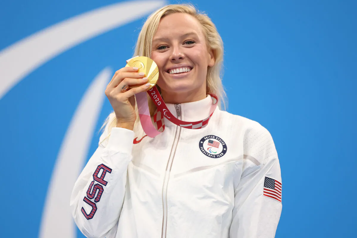 Gold medalist Jessica Long of Team United States celebrates during the medal ceremony for the Women's 100m Butterfly - S8 Final on day 10 of the Tokyo 2020 Paralympic Games at Tokyo Aquatics Center in Tokyo on Sept. 3, 2021. (Alex Pantling/Getty Images)