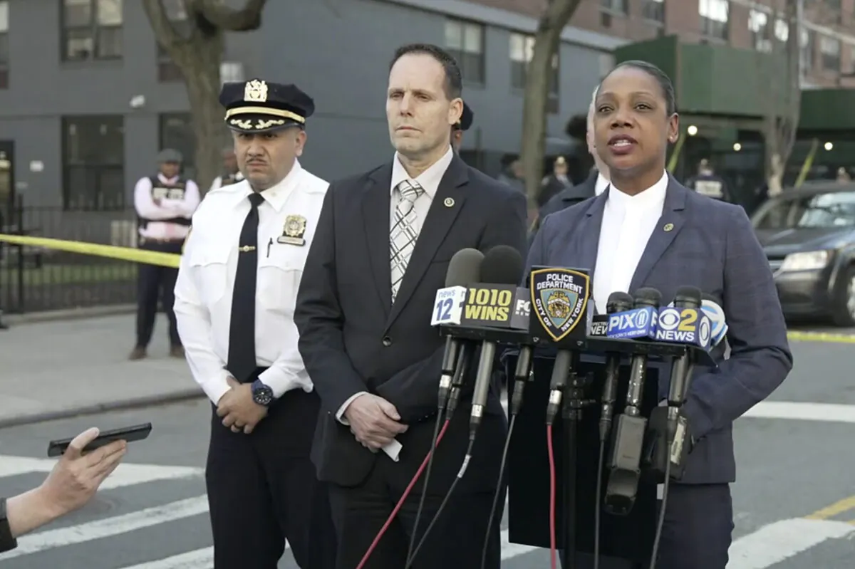 New York Police Commissioner Keechant Sewel (R) speaks during a news conference in New York on April 8, 2022, in this image taken from video provided by the NYPD. (NYPD via AP)