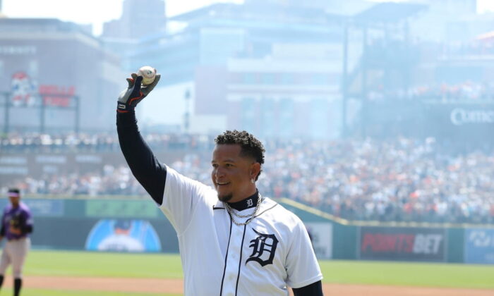 Detroit Tigers DH Miguel Cabrera (24) celebrates his 3000 hit against Colorado Rockies starting pitcher Antonio Senzatela (49) during first inning action at Comerica Park in Detroit on April 23, 2022. (Kirthmon F. Dozier/USA TODAY NETWORK via Field Level Media)