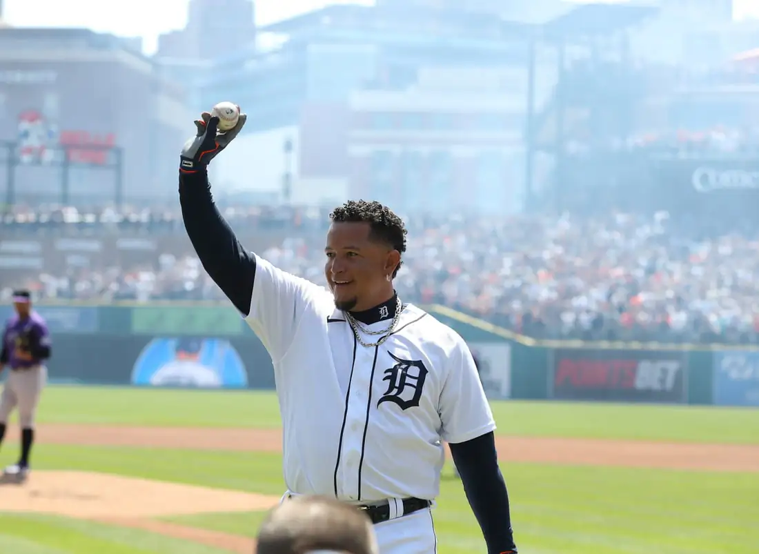 Detroit Tigers DH Miguel Cabrera (24) celebrates his 3000 hit against Colorado Rockies starting pitcher Antonio Senzatela (49) during first inning action at Comerica Park in Detroit on April 23, 2022. (Kirthmon F. Dozier/USA TODAY NETWORK via Field Level Media)