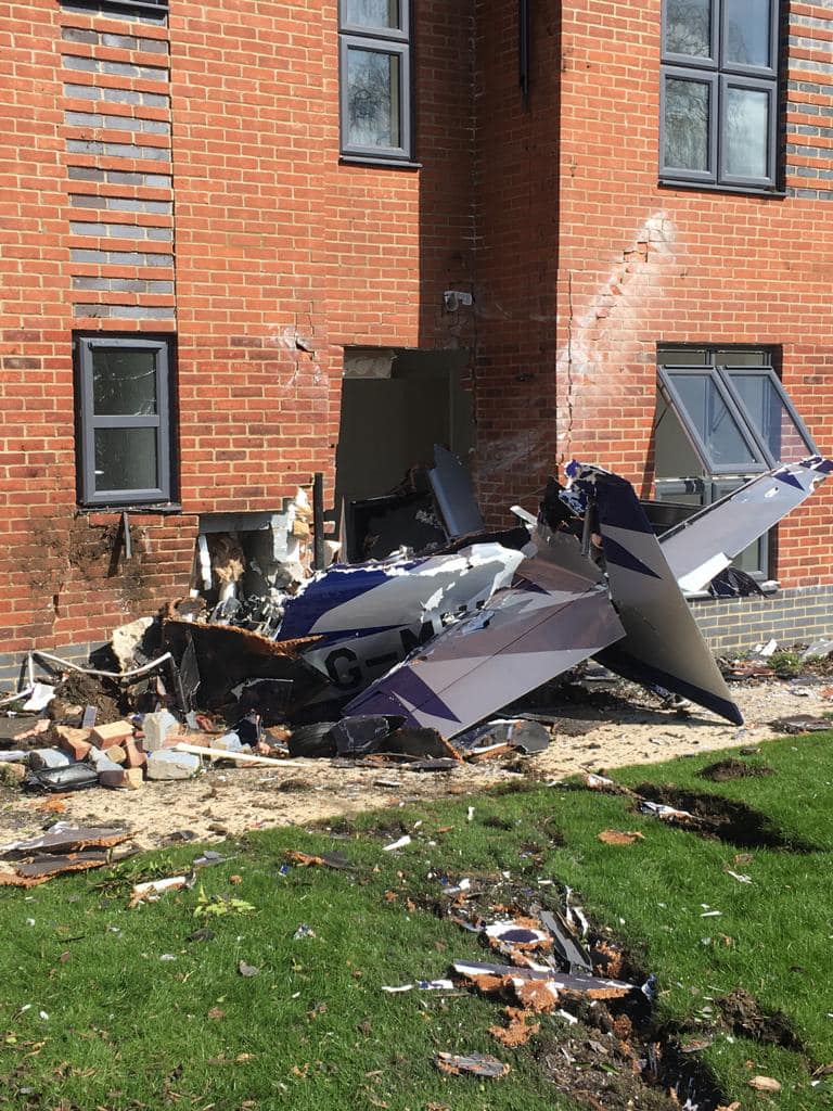 The damaged block of flats after a small plane crash in Upper Heyford, Oxfordshire, England on April 3, 2022.(Oxfordshire Fire and Rescue Service)