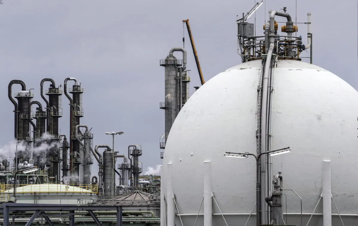 A gas tank at a chemical plant in Oberhausen, Germany, on April 6, 2022. (Martin Meissner/AP Photo)