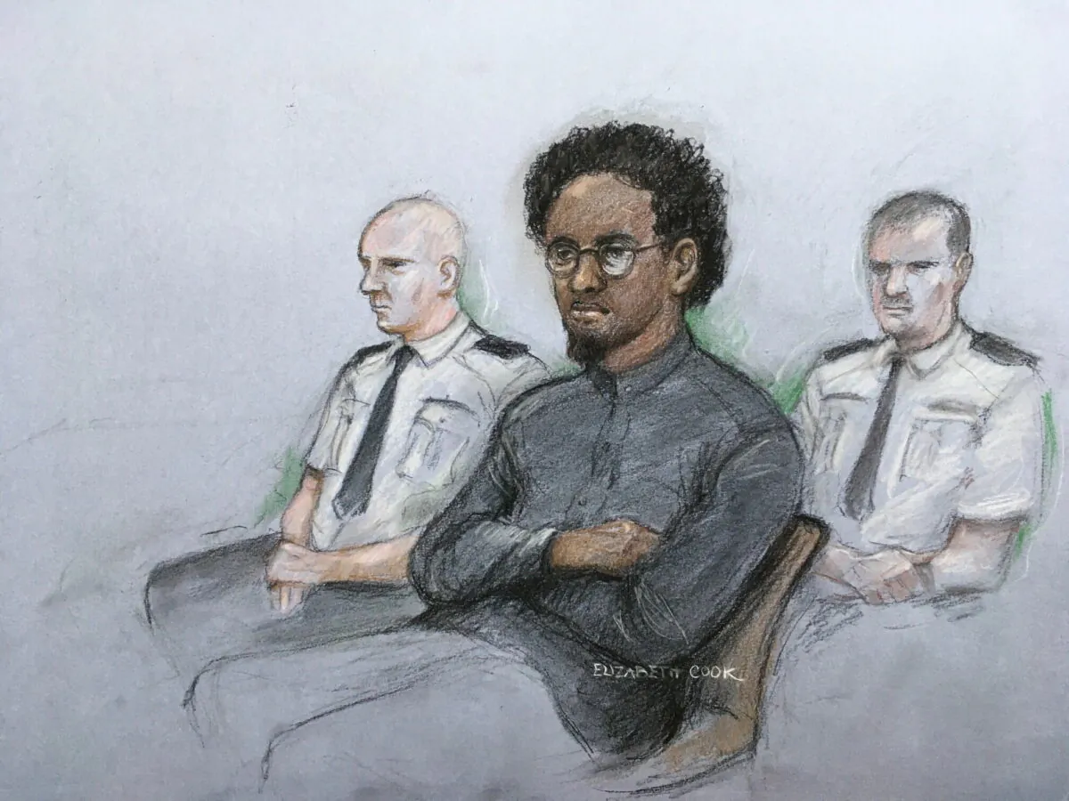 Ali Harbi Ali in the dock at the Old Bailey in London on March 21, 2022, in a court artist sketch. (Elizabeth Cook/PA via AP)