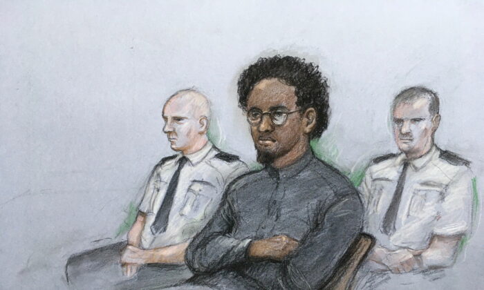 Ali Harbi Ali in the dock at the Old Bailey in London on March 21, 2022, in a court artist sketch. (Elizabeth Cook/PA via AP)