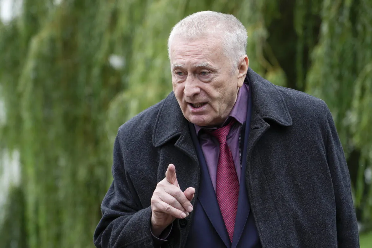 Russian Liberal Democratic Party leader Vladimir Zhirinovsky speaks during a meeting with animal rights activists in a park in Moscow, on Sept. 9, 2021. (Pavel Golovkin/AP Photo)