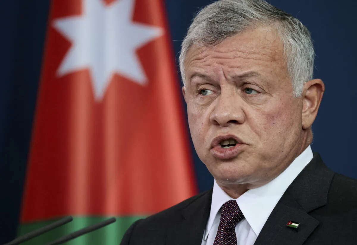 Jordanian King Abdullah II ibn Al-Hussein speaks at a news conference after talks at the Chancellery in Berlin on March 15, 2022. (Hannibal Hanschke/ via AP)