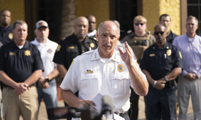 Columbia Police Chief Skip Holbrook speaks to members of the media near Columbiana Centre mall in Columbia, S.C., following a shooting, on April 16, 2022. (Sean Rayford/AP Photo)
