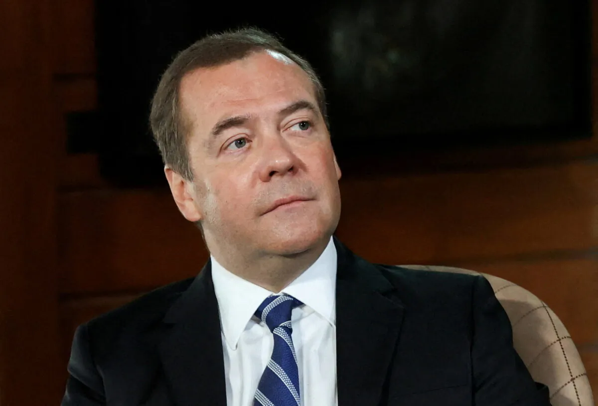 FILE PHOTO: Deputy Chairman of Russia's Security Council Dmitry Medvedev gives an interview at the Gorki state residence outside Moscow, Russia January 25, 2022. Sputnik/Yulia Zyryanova/Pool via REUTERS