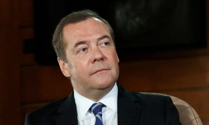 FILE PHOTO: Deputy Chairman of Russia's Security Council Dmitry Medvedev gives an interview at the Gorki state residence outside Moscow, Russia January 25, 2022. Sputnik/Yulia Zyryanova/Pool via REUTERS