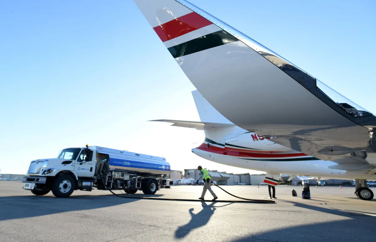 A business jet is refueled using Jet A fuel at the Henderson Executive Airport during the National Business Aviation Association exhibition in Las Vegas, on Oct. 21, 2019. (David Becker/Reuters)