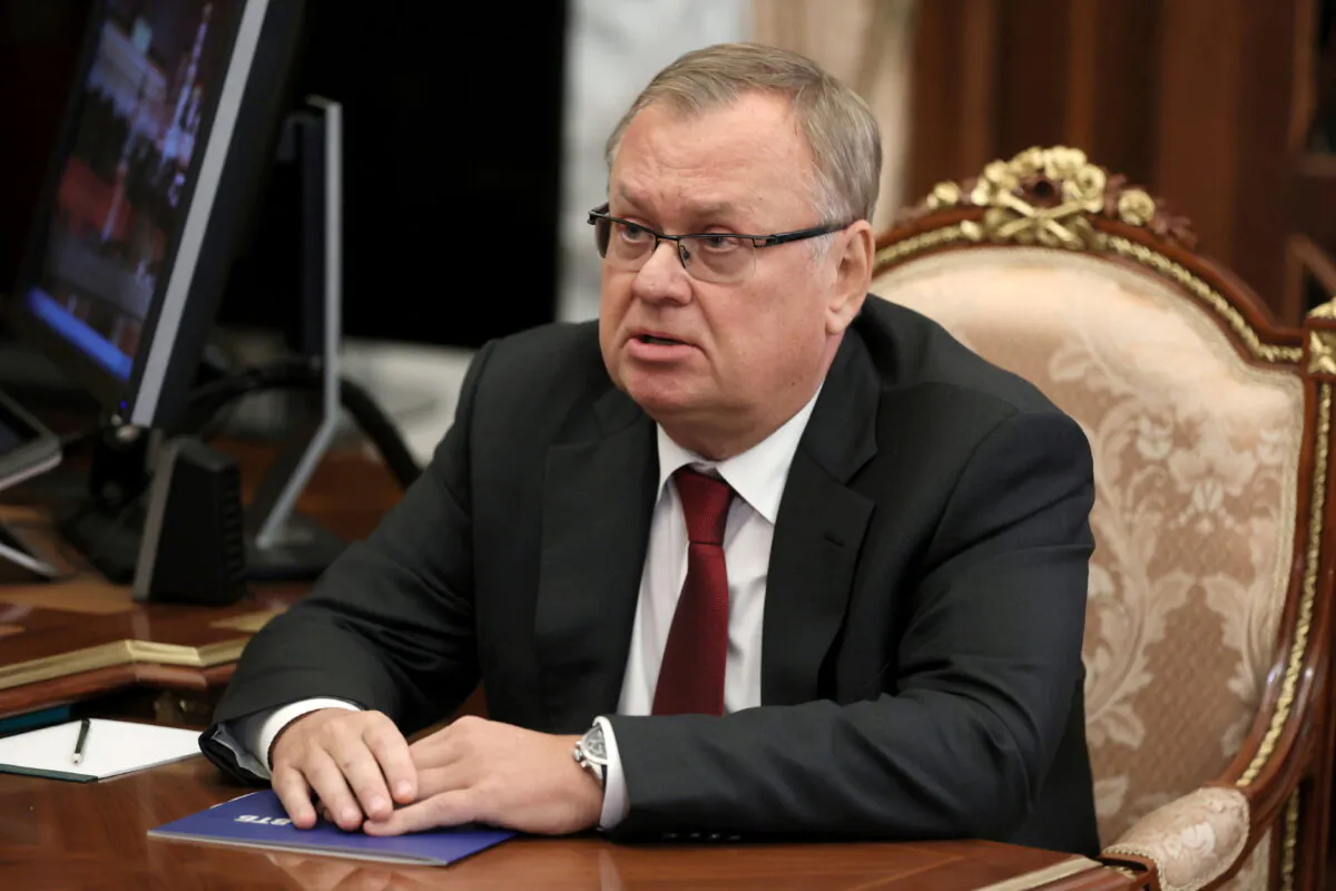CEO of VTB bank Andrey Kostin attends a meeting with Russian President Vladimir Putin in Moscow, Russia, on Nov. 30, 2021. (Mikhail Klimentyev/Sputnik/Kremlin via Reuters)