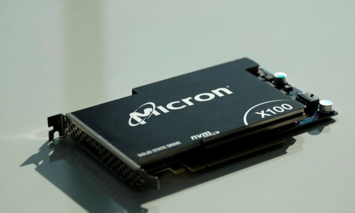Micron Technology's solid-state drive for data center customers is presented at a product launch event in San Francisco, on Oct. 24, 2019. (Stephen Nellis/Reuters) 
