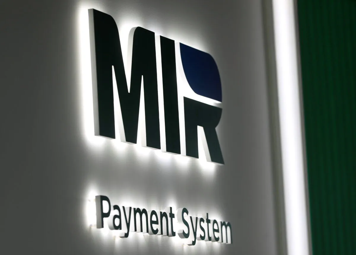 The logo of MIR payment system at the St. Petersburg International Economic Forum (SPIEF) in Saint Petersburg, Russia, on June 2, 2021. (Evgenia Novozhenina/Reuters)