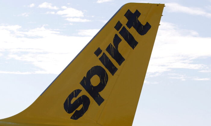 2018 年 11 月 6 日，在法国图卢兹附近的 Colomiers 的一架空中客车飞机上，低成本航空公司 Spirit Airlines 的标志。（Regis Duvignau/路透社）