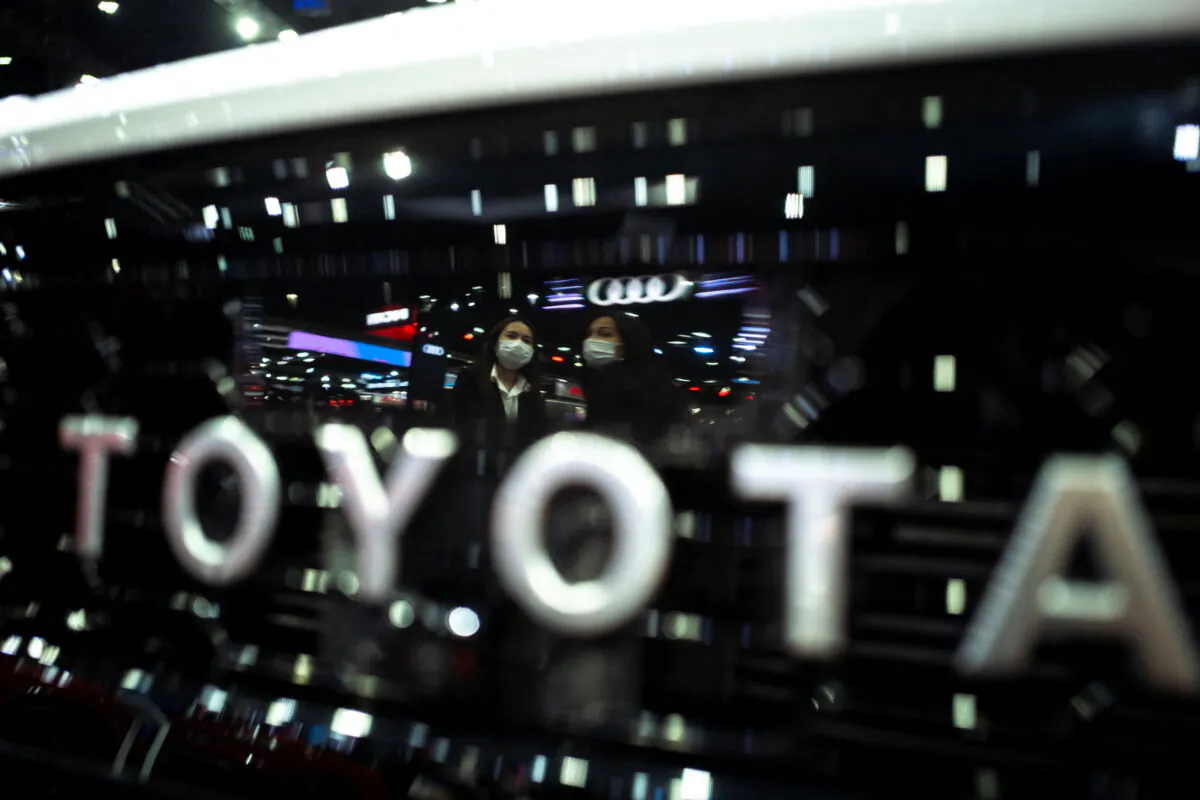 The Toyota logo is pictured at the 43rd Bangkok International Motor Show, in Bangkok, on March 22, 2022. (Athit Perawongmetha/Reuters)